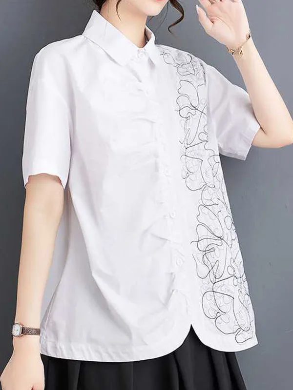 xakxx Irregularity Loose Buttoned Embroidered Pleated Lapel Collar Blouses&Shirts Tops
