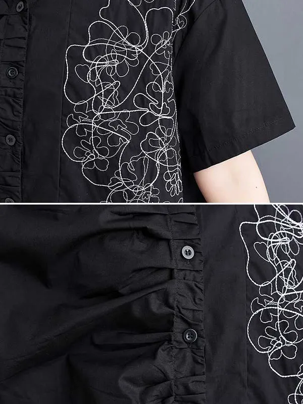 xakxx Irregularity Loose Buttoned Embroidered Pleated Lapel Collar Blouses&Shirts Tops