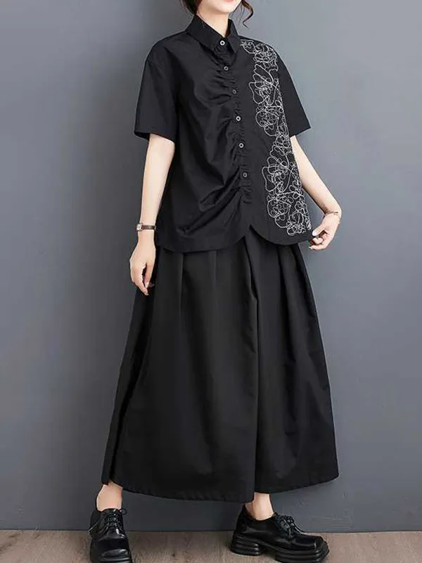 xakxx Irregularity Loose Buttoned Embroidered Pleated Lapel Collar Blouses&Shirts Tops