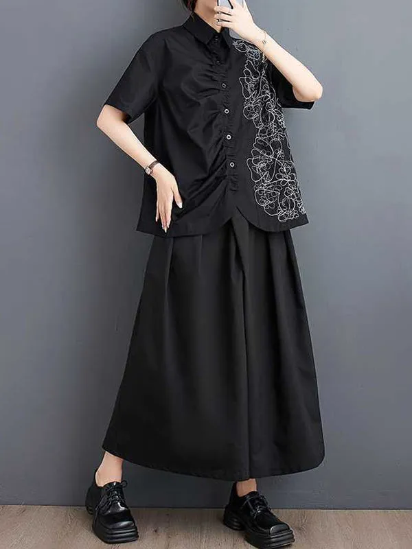 xakxx Irregularity Loose Buttoned Embroidered Pleated Lapel Collar Blouses&Shirts Tops