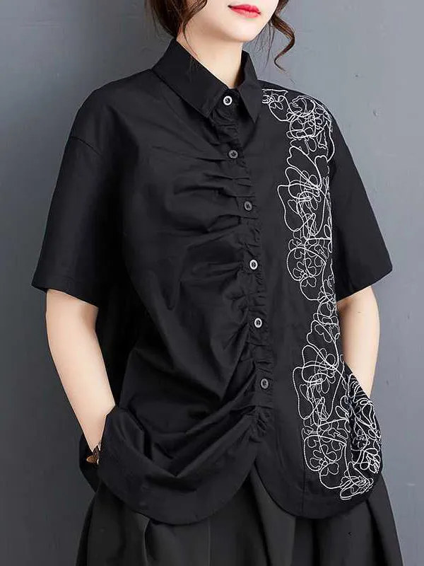 xakxx Irregularity Loose Buttoned Embroidered Pleated Lapel Collar Blouses&Shirts Tops
