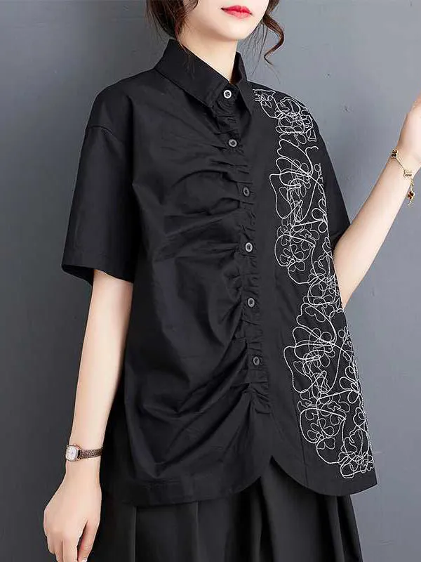 xakxx Irregularity Loose Buttoned Embroidered Pleated Lapel Collar Blouses&Shirts Tops