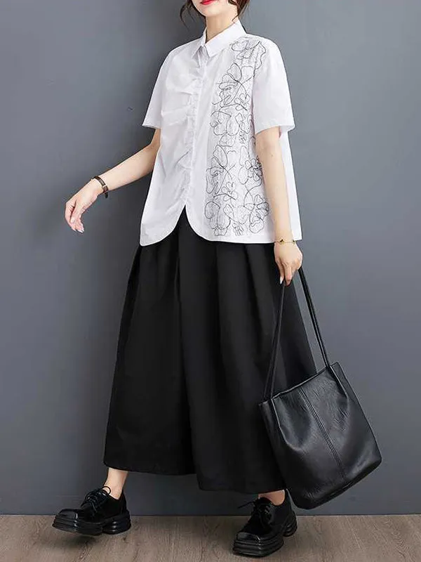 xakxx Irregularity Loose Buttoned Embroidered Pleated Lapel Collar Blouses&Shirts Tops