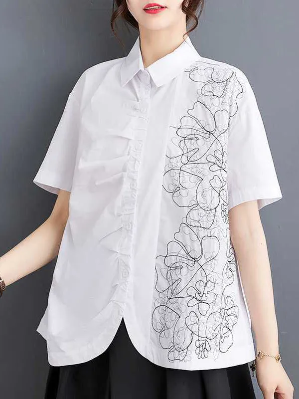 xakxx Irregularity Loose Buttoned Embroidered Pleated Lapel Collar Blouses&Shirts Tops