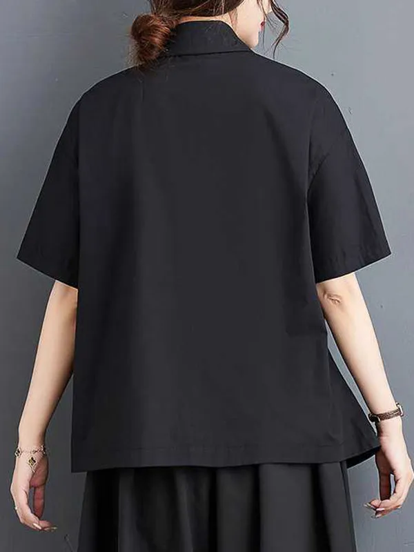 xakxx Irregularity Loose Buttoned Embroidered Pleated Lapel Collar Blouses&Shirts Tops