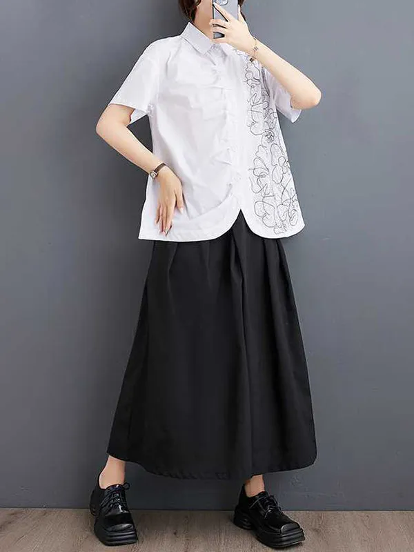 xakxx Irregularity Loose Buttoned Embroidered Pleated Lapel Collar Blouses&Shirts Tops
