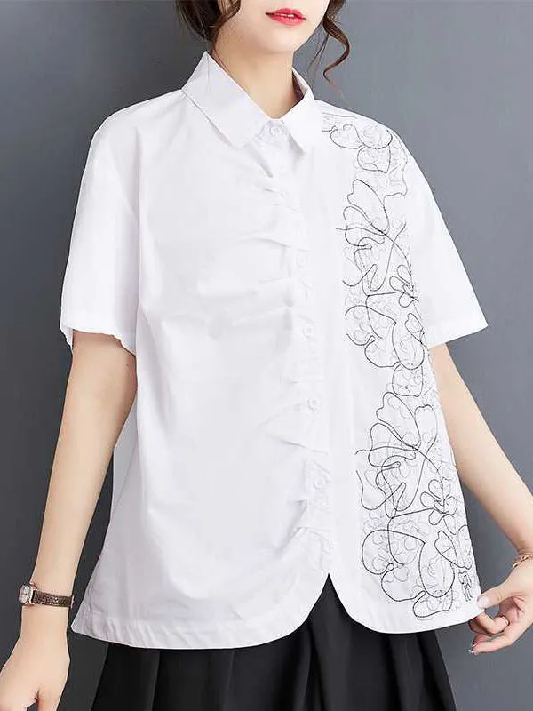 xakxx Irregularity Loose Buttoned Embroidered Pleated Lapel Collar Blouses&Shirts Tops