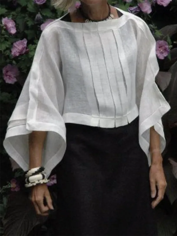 xakxx Long Sleeves Loose Pleated Solid Color Boat Neck Blouses