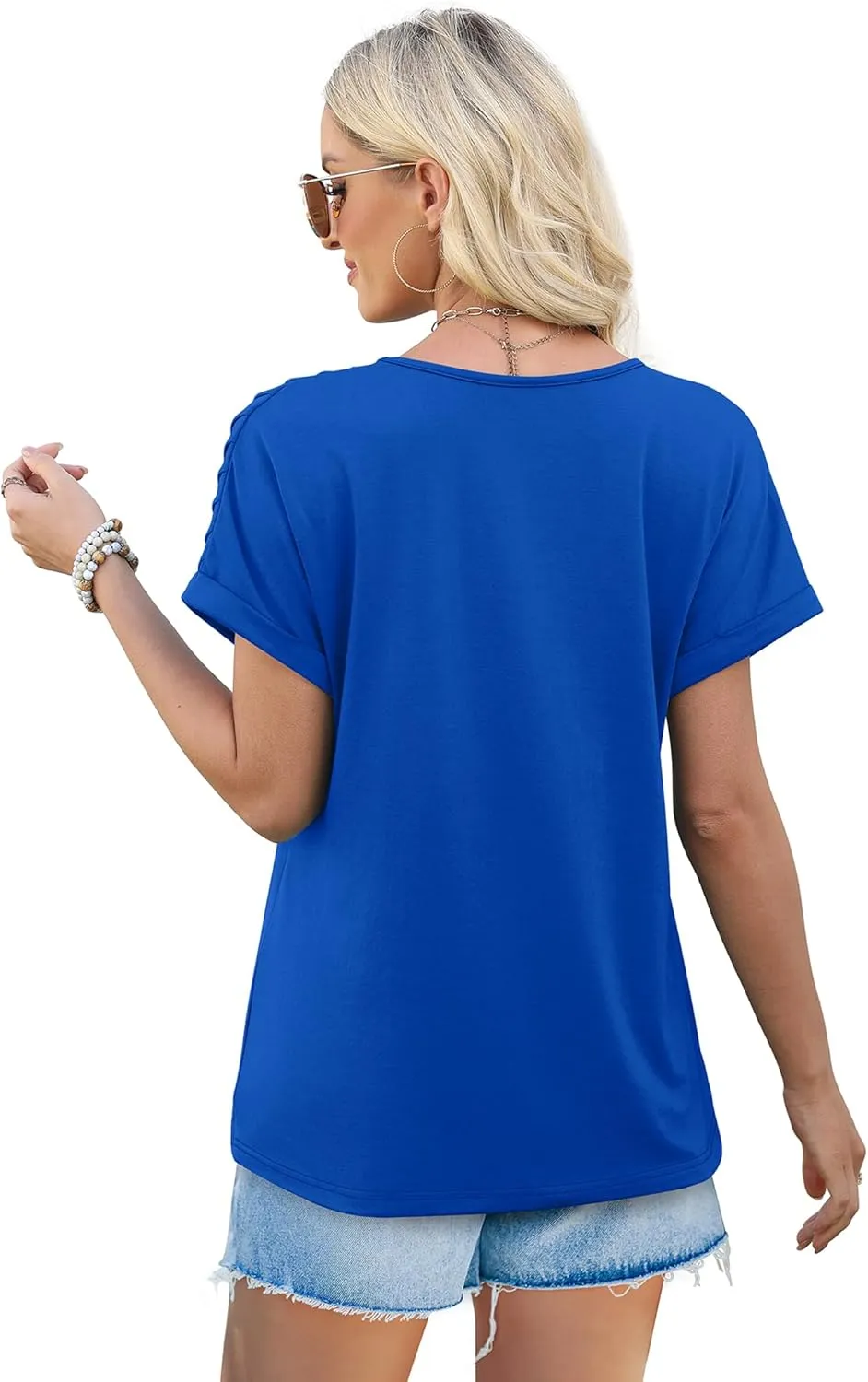 XIEERDUO Womens T Shirts Casual Summer Tops Pleated Crewneck Short Sleeve Blouses Trendy Beach Vacation Clothes