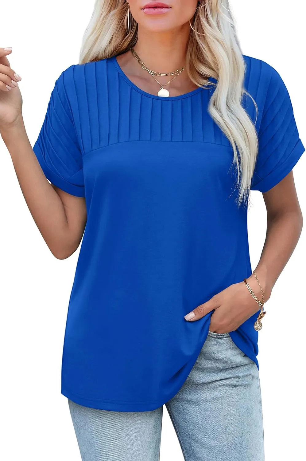 XIEERDUO Womens T Shirts Casual Summer Tops Pleated Crewneck Short Sleeve Blouses Trendy Beach Vacation Clothes