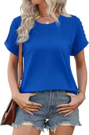 XIEERDUO Womens T Shirts Casual Summer Tops Pleated Crewneck Short Sleeve Blouses Trendy Beach Vacation Clothes