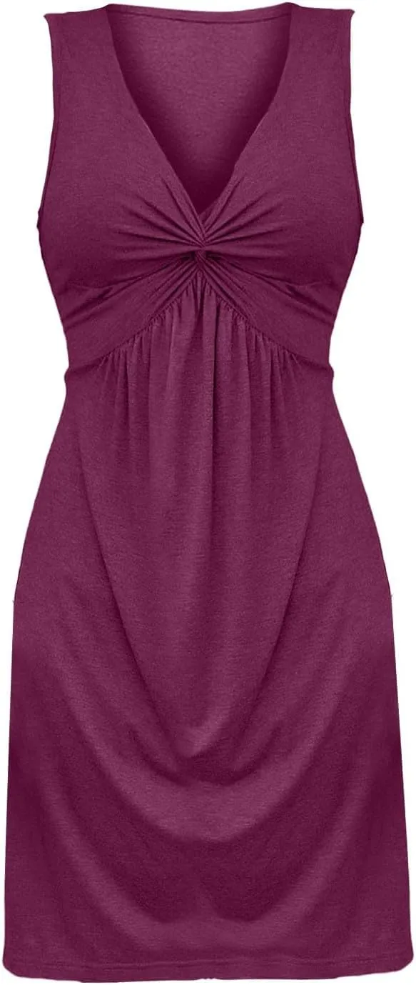 XOWRTE Women's V Neck Front Knotted Sleeveless Tank Dress Casual Summer A Line Sundress Beach Party Tunic Bodycon Dresses