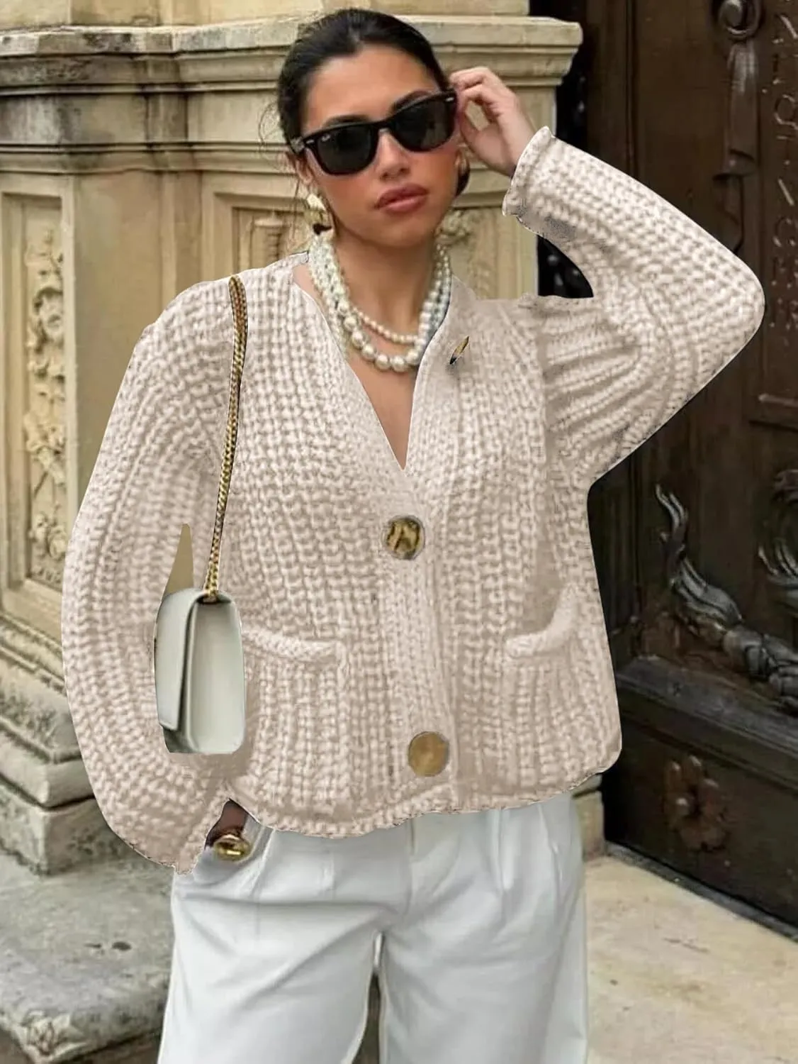 YKR Chunky Knit Cardigan Sweater for Women Long Sleeve Cropped Cardigans Button Down Sweaters with Pockets