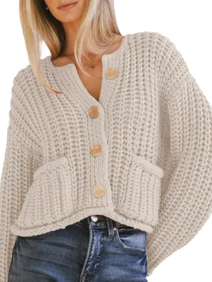 YKR Chunky Knit Cardigan Sweater for Women Long Sleeve Cropped Cardigans Button Down Sweaters with Pockets