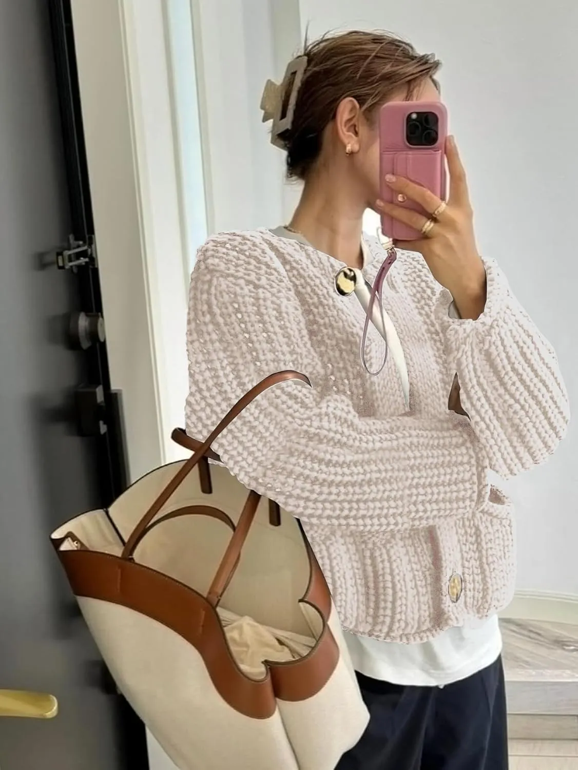 YKR Chunky Knit Cardigan Sweater for Women Long Sleeve Cropped Cardigans Button Down Sweaters with Pockets