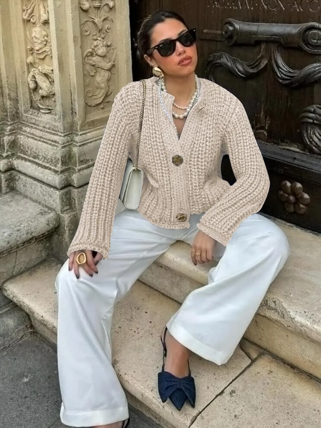 YKR Chunky Knit Cardigan Sweater for Women Long Sleeve Cropped Cardigans Button Down Sweaters with Pockets