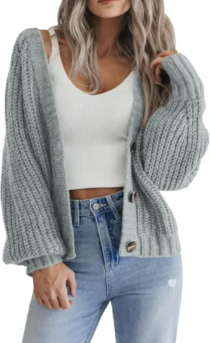 Zeagoo Women's 2025 Fall Chunky Knit Cardigans Open Front Long Sleeve V Neck Button Loose Cardigan Sweaters