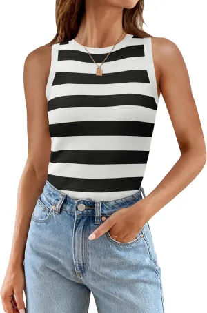 ZESICA Women's Summer Knit Striped Tank Tops Trendy Crewneck Sleeveless Shirts