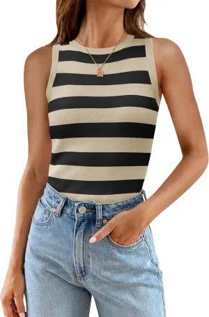 ZESICA Women's Summer Knit Striped Tank Tops Trendy Crewneck Sleeveless Shirts