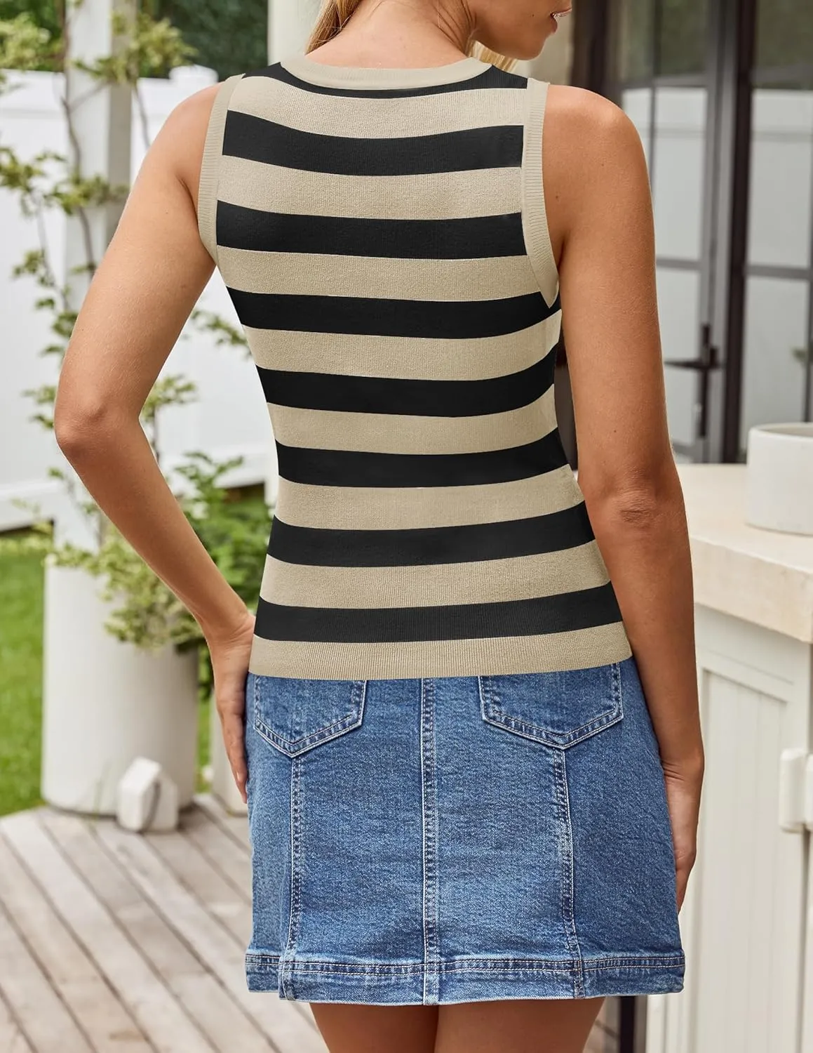 ZESICA Women's Summer Knit Striped Tank Tops Trendy Crewneck Sleeveless Shirts