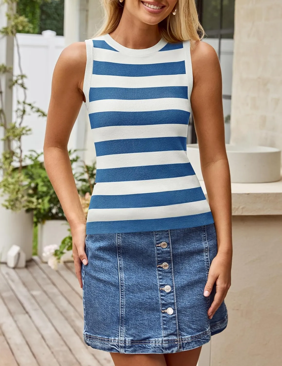ZESICA Women's Summer Knit Striped Tank Tops Trendy Crewneck Sleeveless Shirts