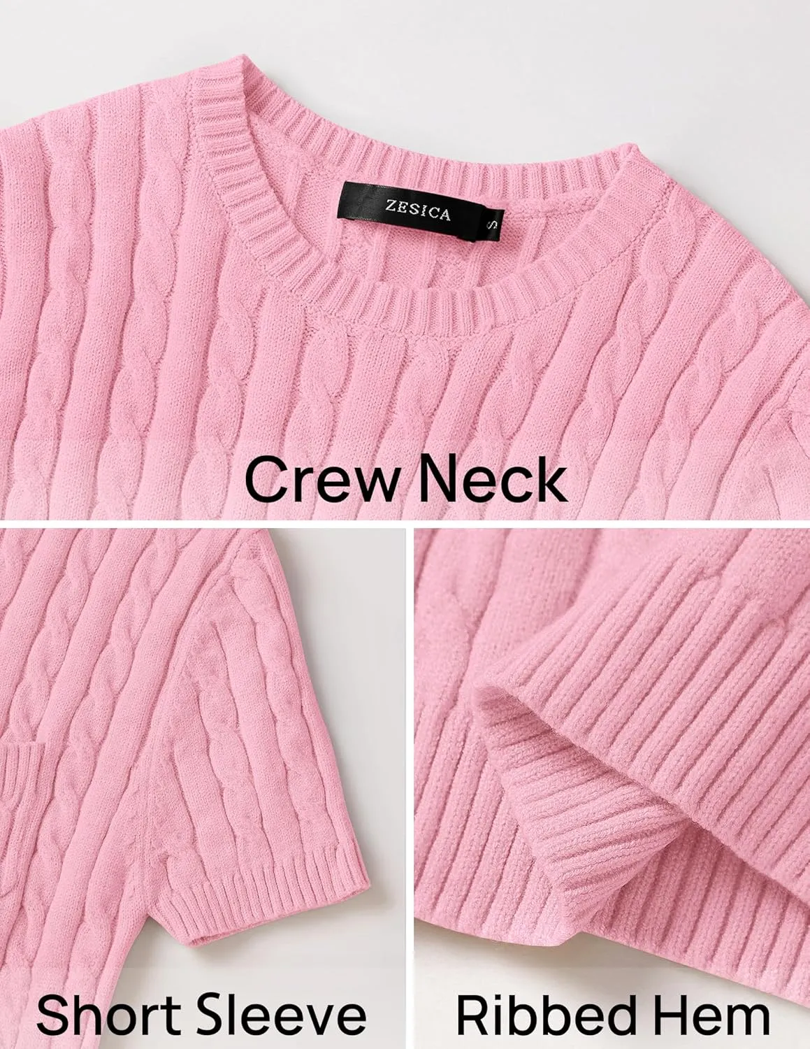 ZESICA Women's Trendy Short Sleeve Sweater Shirts Spring Summer Cable Knit Pullover Tops