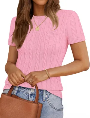 ZESICA Women's Trendy Short Sleeve Sweater Shirts Spring Summer Cable Knit Pullover Tops
