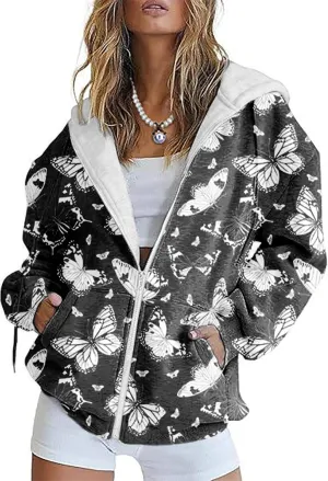 Zip Up Hoodie Women Butterfly Graphic Hoodies Long Sleeve Oversized Y2K Sweatshirts Cute jackets Plus Size for Girls