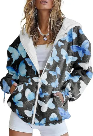 Zip Up Hoodie Women Butterfly Graphic Hoodies Long Sleeve Oversized Y2K Sweatshirts Cute jackets Plus Size for Girls